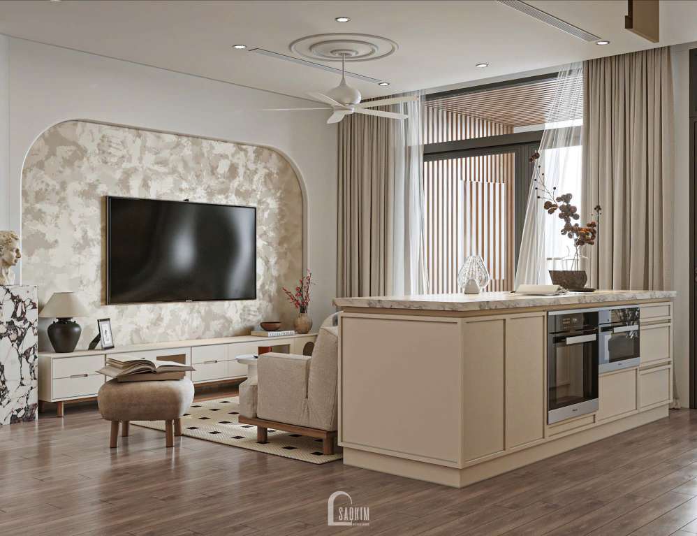 Thiết kế nội thất phòng khách tại chung cư 93m2 phong cách Parisian mix Modern dự án The Prime Thái Nguyên- Nơi Sự Tinh Tế Chạm Đến Từng Giác Quan
